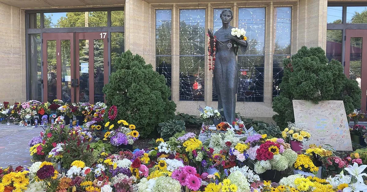 Flowers placed in front of Annunciation Catholic Church and School in Minneapolis on August 31, 2025.
