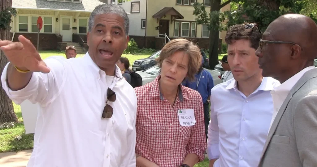 Left to right: Al Bangoura (Superintendent, Minneapolis Park and Recreation Board), Commissioner Becka Thompson, Minneapolis Mayor Jacob Frey, and Minnesota Senate President Bobby Joe Champion at the North Commons Park groundbreaking.