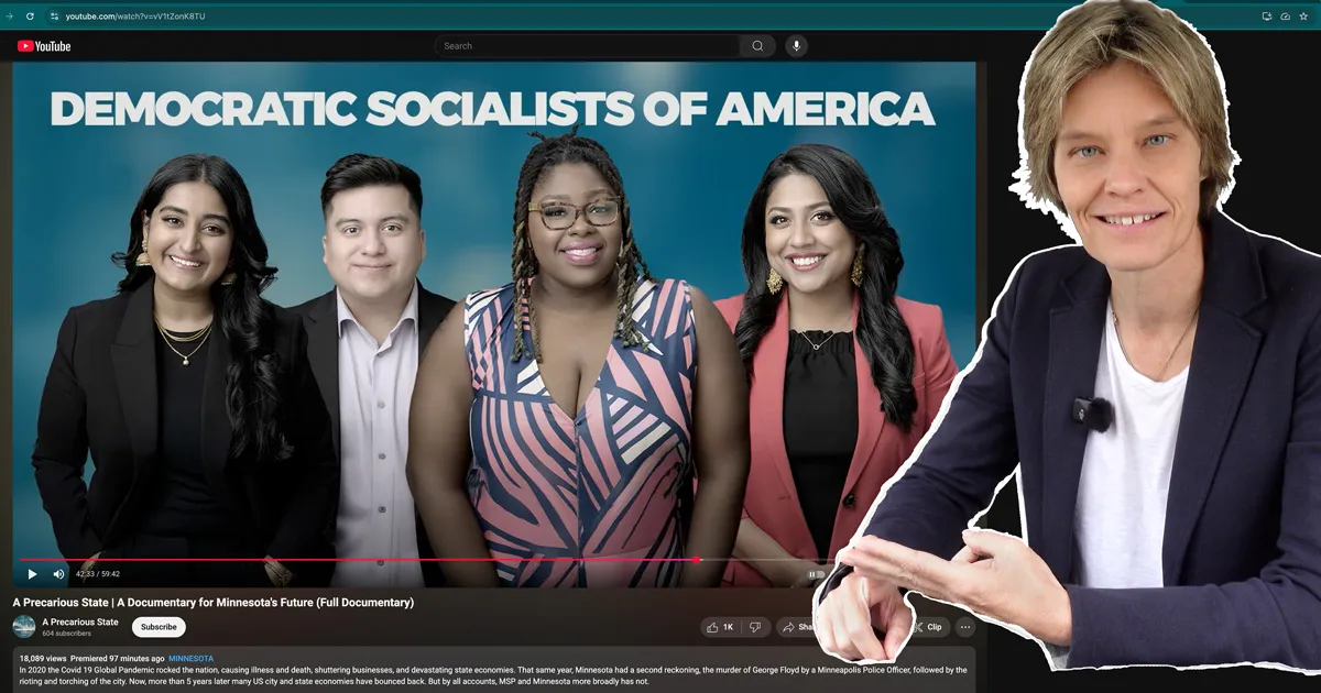 Becka Thompson superimposed alongside Minneapolis City Council Members Aisha Chughtai, Jason Chavez, Robin Wonsley, and Aurin Chowdhury in a screenshot from the documentary A Precarious State