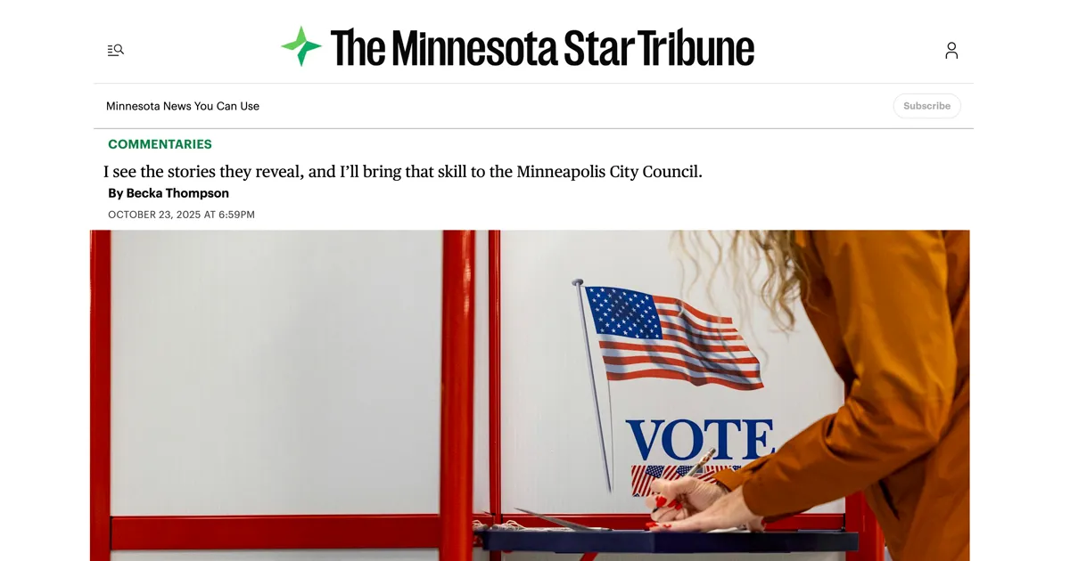 Screenshot of the Star Tribune article titled “Numbers Don’t Lie” by Becka Thompson, candidate for Minneapolis City Council Ward 12.