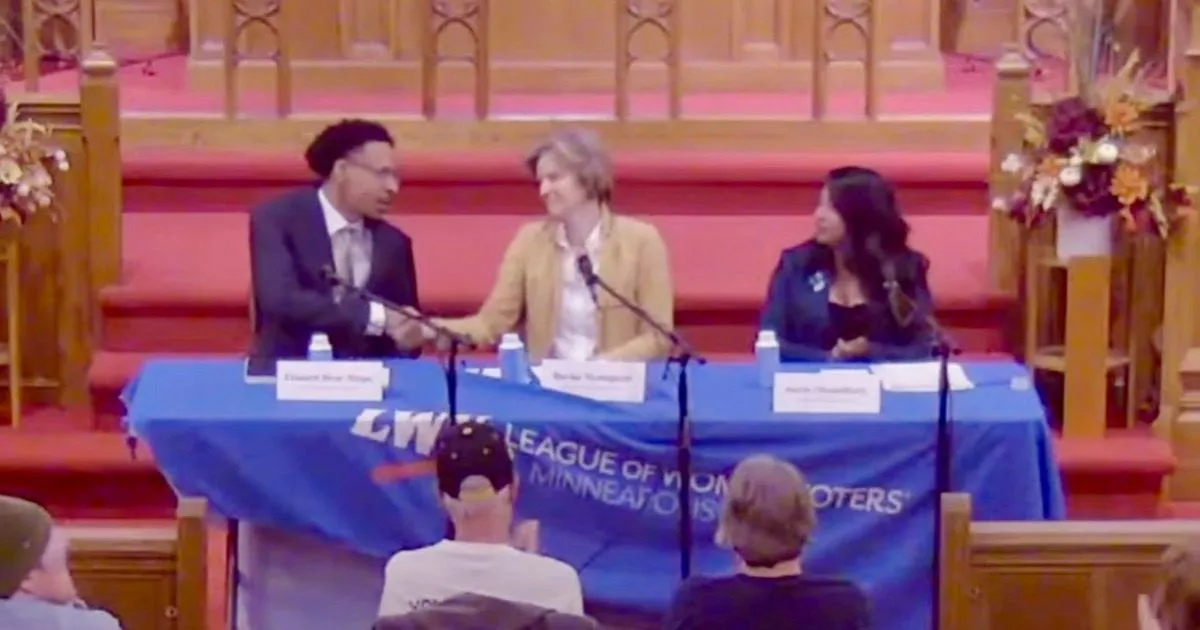 Becka Thompson seated between candidates Aurin Chowdhury and Edward Bear Stops during the Ward 12 Minneapolis City Council forum hosted by the League of Women Voters.